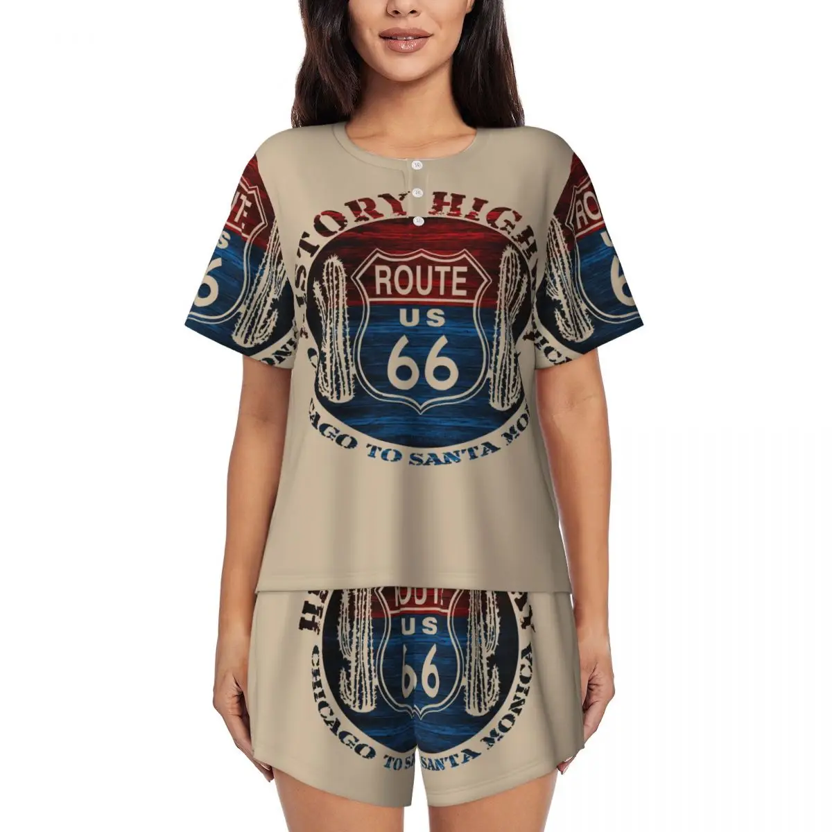Винтажный пижамный комплект Custom Route 66 America Road, женская одежда для сна из 2 предметов с короткими рукавами, домашняя одежда, комплекты с шортами PJS
Винтажный пижамный комплект Custom Route 66 America Road, женская одежда для сна из 2 предметов с короткими рукавами, домашняя одежда, комплекты с шортами PJS