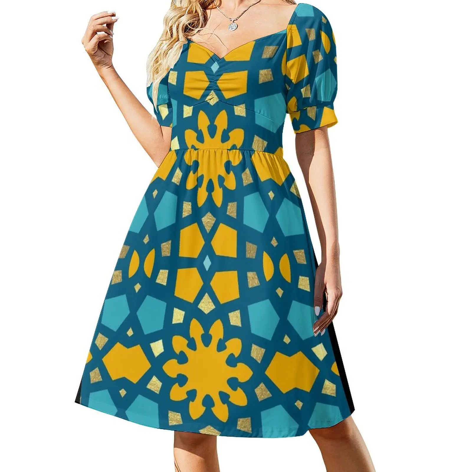 Citrus, teal and gold, geometric Arabic pattern inspired by the Grand Mosque at KAUST Short-Sleeved Dress Long dresses
Citrus, teal and gold, geometric Arabic pattern inspired by the Grand Mosque at KAUST Short-Sleeved Dress Long dresses