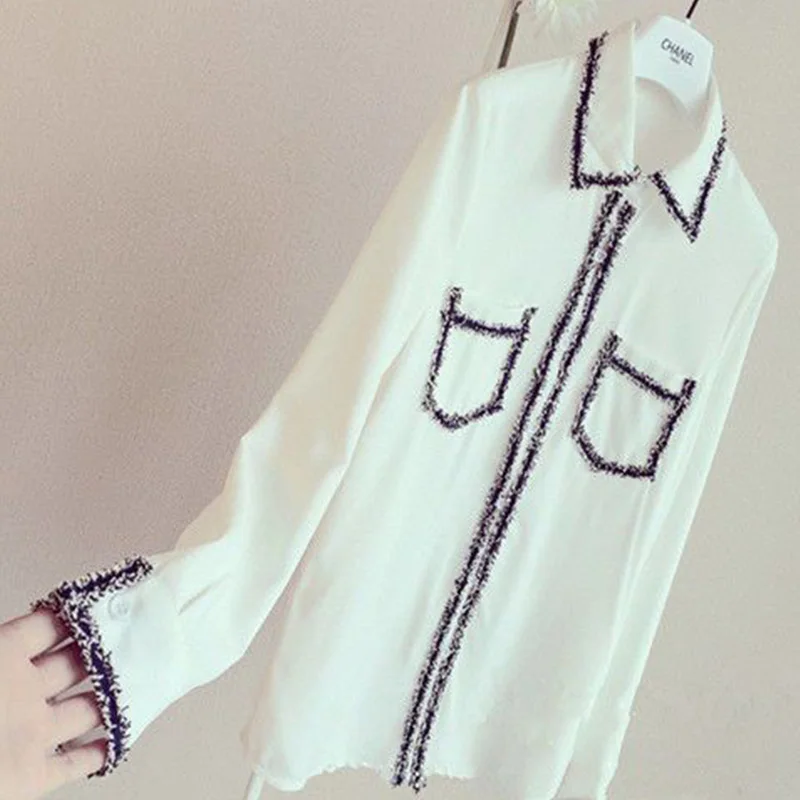 Autumn Office Lady Pocket Chiffon Turn-down Collar Long Sleeve Blouse Women Clothes All-match Bright Line Decoration Slim Shirts
Autumn Office Lady Pocket Chiffon Turn-down Collar Long Sleeve Blouse Women Clothes All-match Bright Line Decoration Slim Shirts