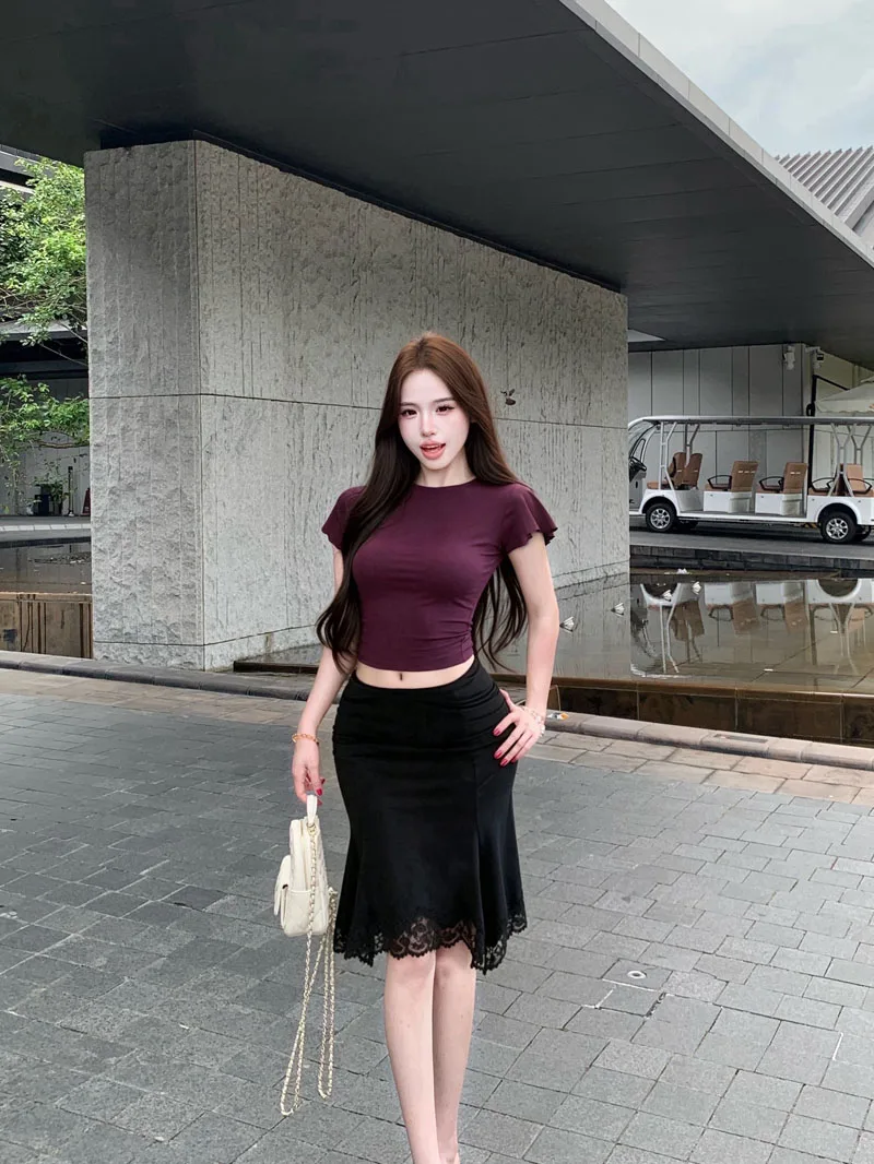 Purple Lace Sleeve Backless Slim Fit T-Shirt And Skirt Set Women's Fashion Summer Outfit High Waist Short Sleeve round Neck
Purple Lace Sleeve Backless Slim Fit T-Shirt And Skirt Set Women's Fashion Summer Outfit High Waist Short Sleeve round Neck