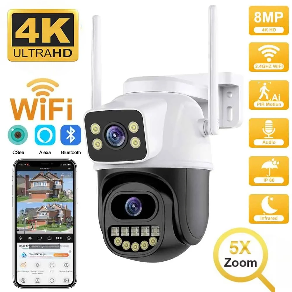 4K Outdoor Wifi Camera 8MP Dual Lens 5X Digital Zoom AI Auto Tracking Remote Monitor PTZ CCTV Wireless Surveillance Camera ICSee
4K Outdoor Wifi Camera 8MP Dual Lens 5X Digital Zoom AI Auto Tracking Remote Monitor PTZ CCTV Wireless Surveillance Camera ICSee