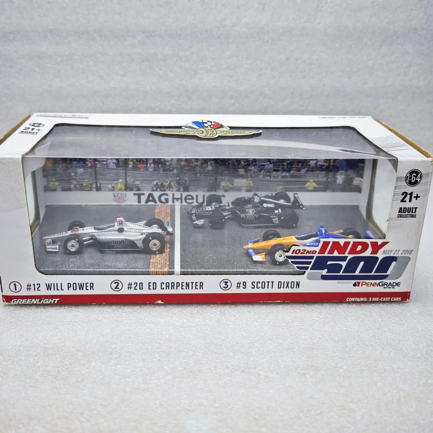 Green light 1:64 2018 Indianapolis 500 podium 3-car set as shown in the picture
Green light 1:64 2018 Indianapolis 500 podium 3-car set as shown in the picture