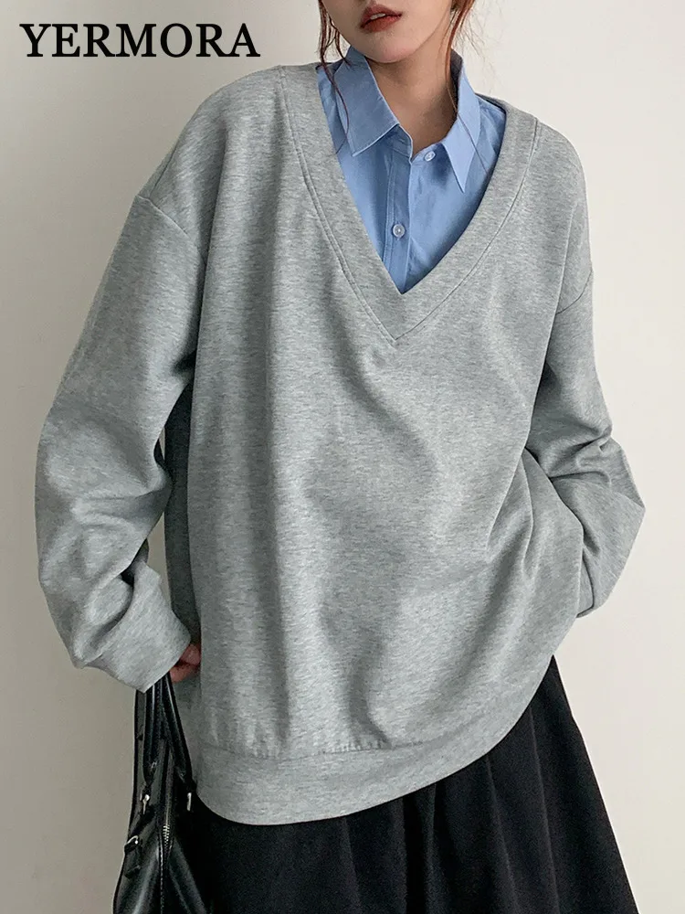 YERMORA Gray Fake Two Pieces Set Spliced Lapel Sweatshirt For Women Long Sleeve Loose New Pullovers Fashion Spring Autumn 2025
YERMORA Gray Fake Two Pieces Set Spliced Lapel Sweatshirt For Women Long Sleeve Loose New Pullovers Fashion Spring Autumn 2025