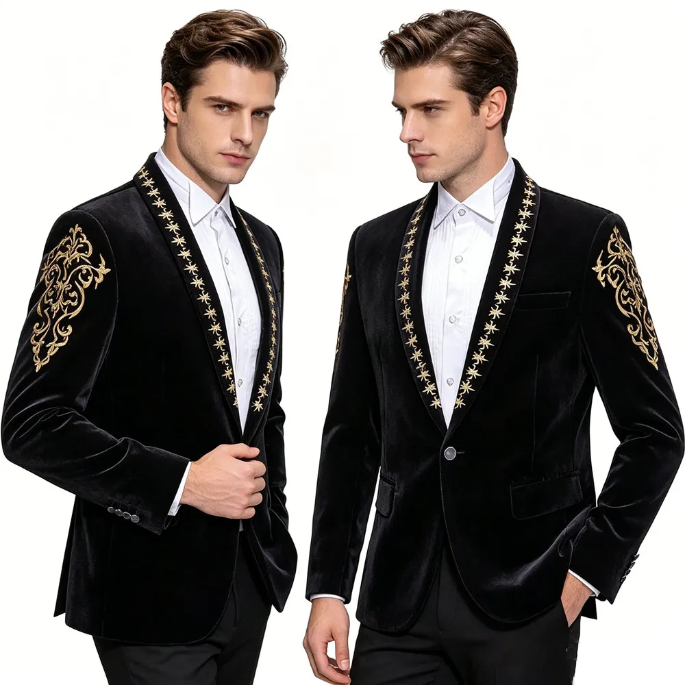 Gold Floral Embroidery Velvet Suit Jacket Male Shawl Collar One Button Dress Blazer Fashion Banquet Wedding Evening Party Tuxedo
Gold Floral Embroidery Velvet Suit Jacket Male Shawl Collar One Button Dress Blazer Fashion Banquet Wedding Evening Party Tuxedo