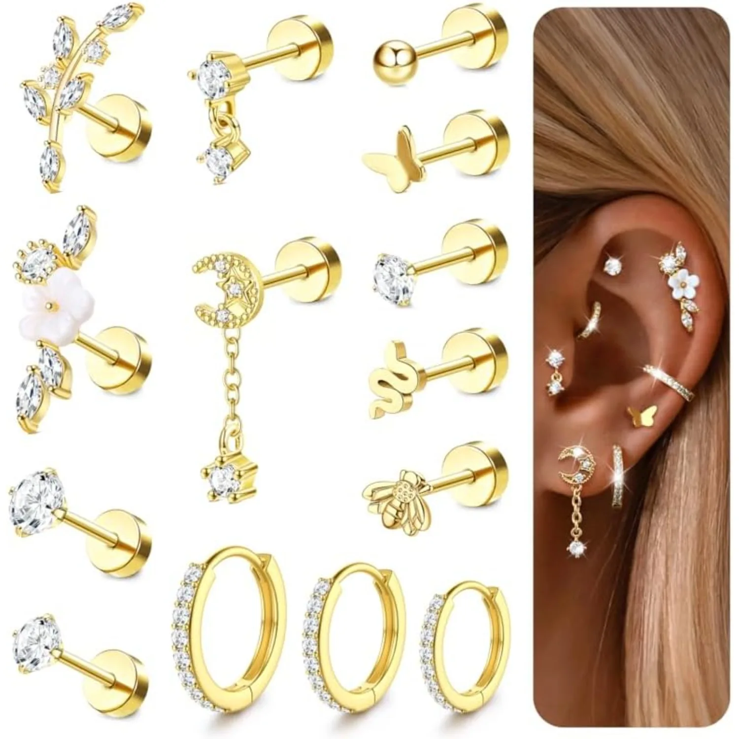 Drperfect 16G Surgical Steel Cartilage Earrings for Women 14K Gold Plated Flat Back Stud Hoop Earrings Set Helix Piercing Jewel
Drperfect 16G Surgical Steel Cartilage Earrings for Women 14K Gold Plated Flat Back Stud Hoop Earrings Set Helix Piercing Jewel