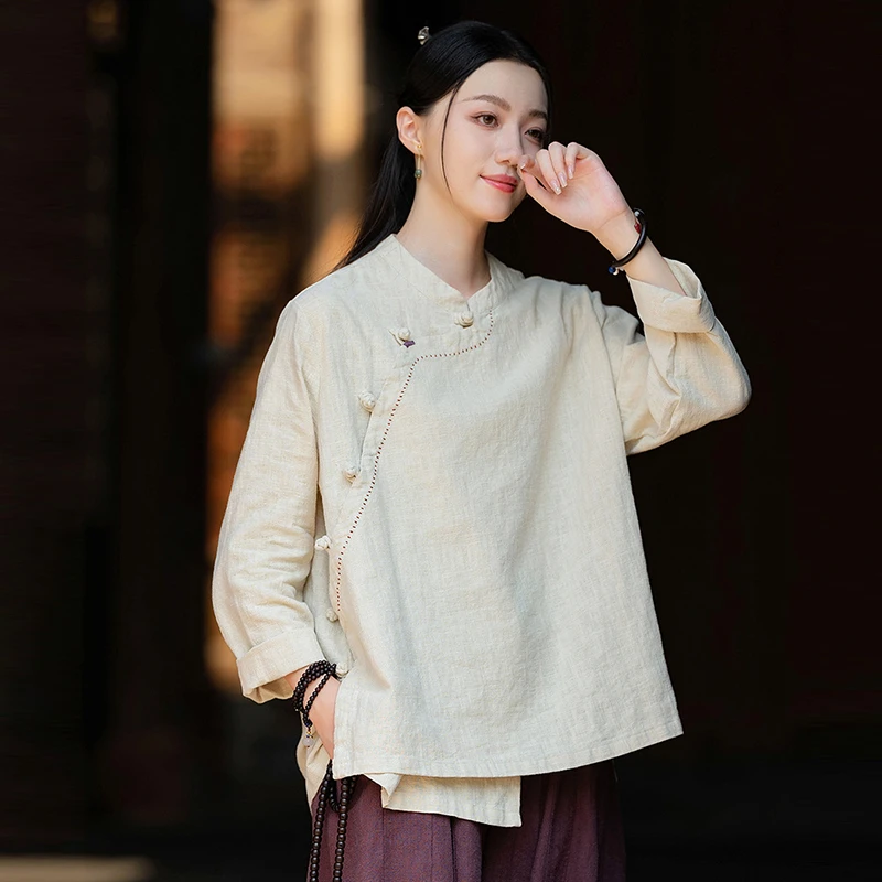 Spring New Chinese Style Women Long Sleeve Stand Collar Loose Blouse Tops Vintage Embroidery Single Breasted Cotton Linen Shirt
Spring New Chinese Style Women Long Sleeve Stand Collar Loose Blouse Tops Vintage Embroidery Single Breasted Cotton Linen Shirt