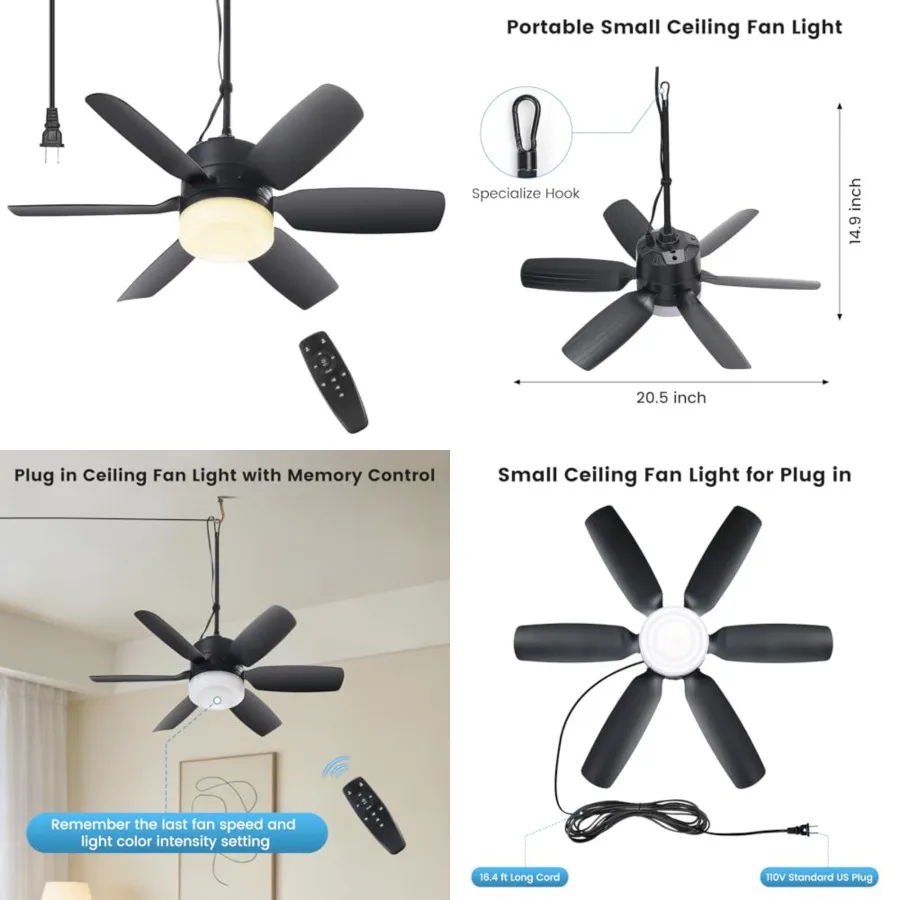 20.5'' Plug in Ceiling Fan with Light for Gazebo Patio Canopy Tent Porch RV, 5 Fan Speeds with Adjust Lighting and Remote Contr
20.5'' Plug in Ceiling Fan with Light for Gazebo Patio Canopy Tent Porch RV, 5 Fan Speeds with Adjust Lighting and Remote Contr