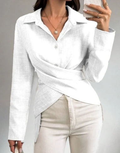 Women's Shirt Elegant Commuting Autumn Versatile Solid Color Turn-down Collar Long Sleeve Cross Design Button Slim Fit Shirt
Women's Shirt Elegant Commuting Autumn Versatile Solid Color Turn-down Collar Long Sleeve Cross Design Button Slim Fit Shirt