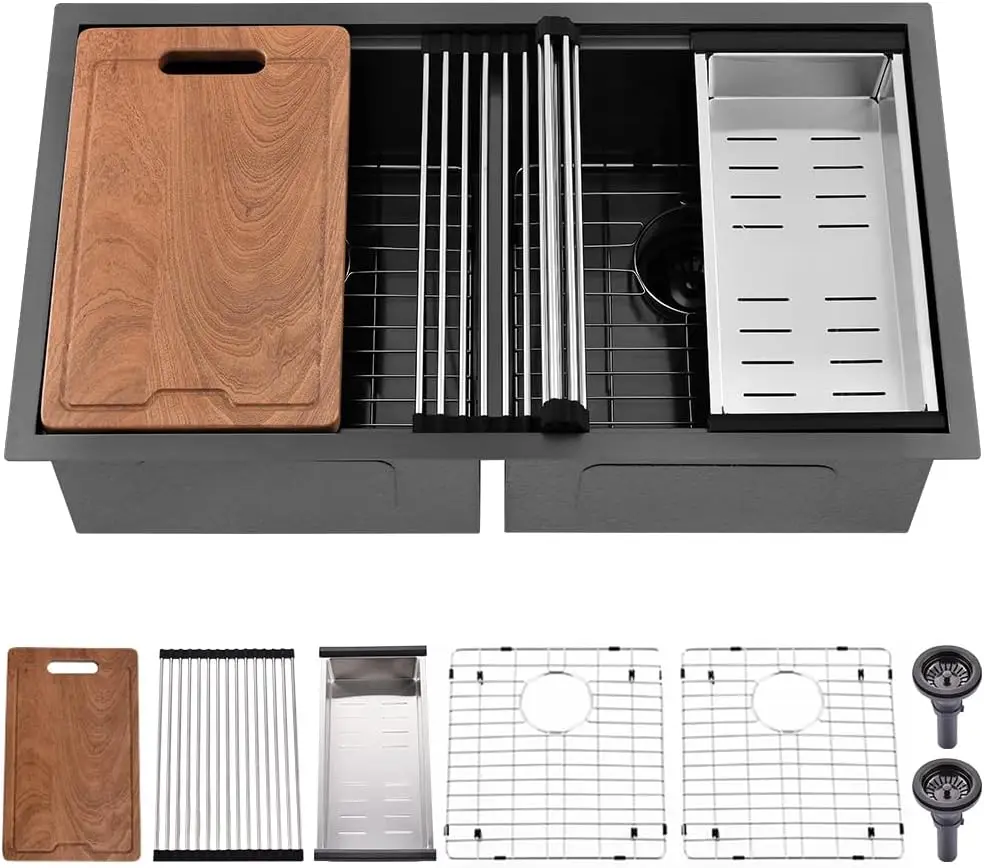 33 Inch Black Double Bowl Undermount Kitchen Sink Workstation-33x19 Kitchen Sink Undermount 50/50 Double Bowl Sink 16 Gauge Blac
33 Inch Black Double Bowl Undermount Kitchen Sink Workstation-33x19 Kitchen Sink Undermount 50/50 Double Bowl Sink 16 Gauge Blac