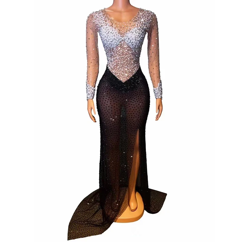 Sexy Stage Pearls Rhinestones Stage Wear Birthday Celebrate Long Train Dress Party Outfit Costume Women Dancer Transparent Dress
Sexy Stage Pearls Rhinestones Stage Wear Birthday Celebrate Long Train Dress Party Outfit Costume Women Dancer Transparent Dress