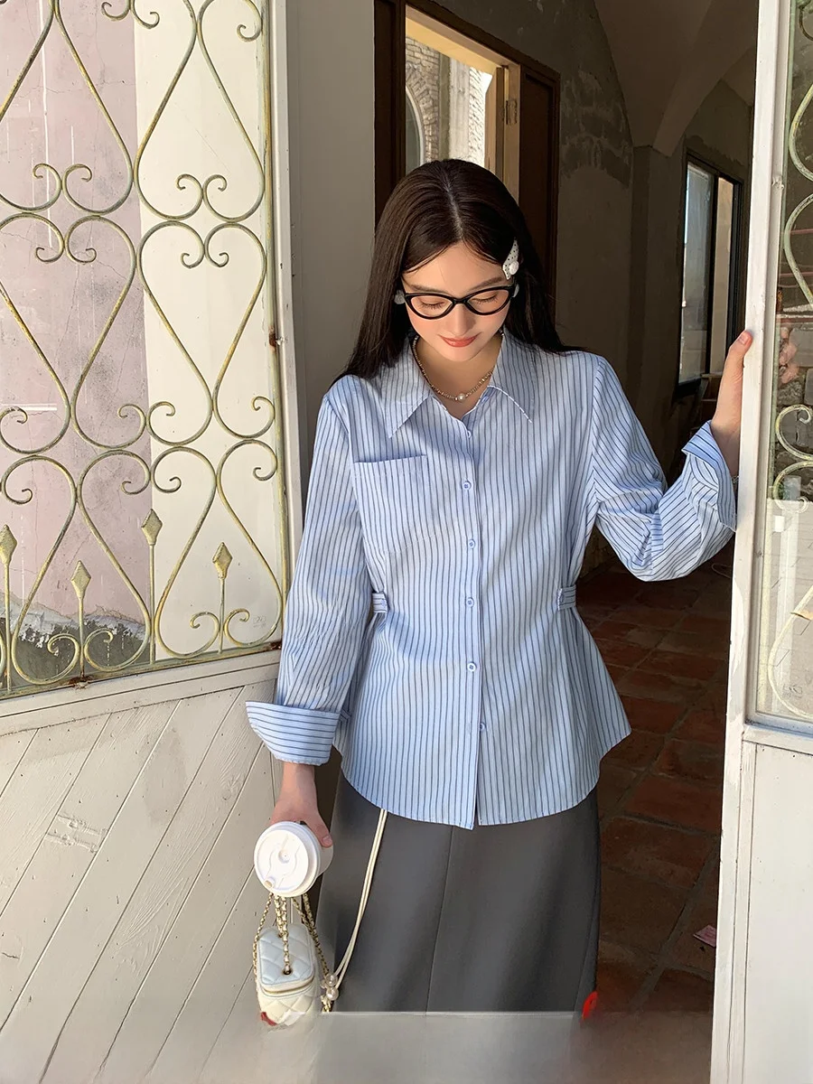 Blue Striped Casual irt Women's plus Size Korean College Sle Loose Fit Waist-Cinching Versatile Top Li Xiaolong Brand
Blue Striped Casual irt Women's plus Size Korean College Sle Loose Fit Waist-Cinching Versatile Top Li Xiaolong Brand