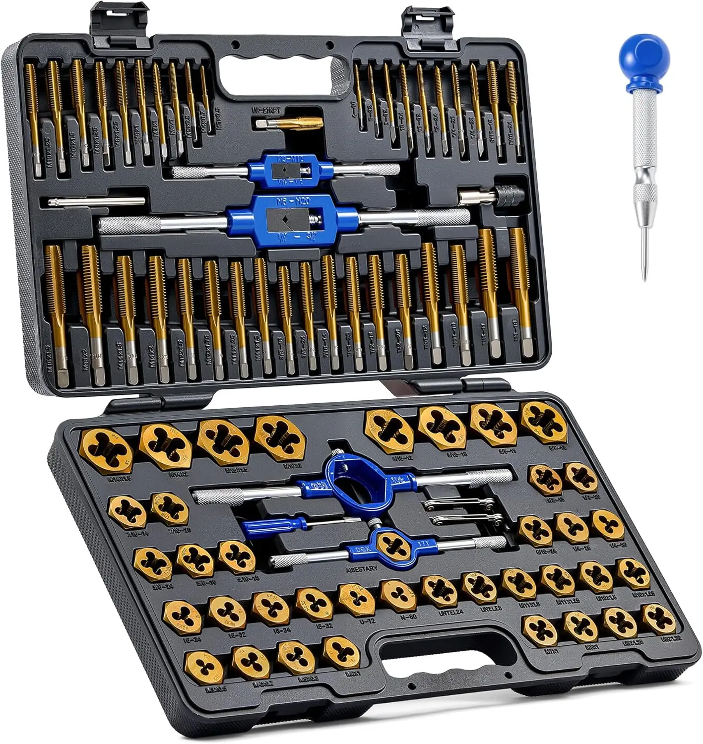 87pc Tap and Die Set SAE Metric Threading Tool Kit for Coarse Fine Internal External Threads with Wrenches and Case
87pc Tap and Die Set SAE Metric Threading Tool Kit for Coarse Fine Internal External Threads with Wrenches and Case