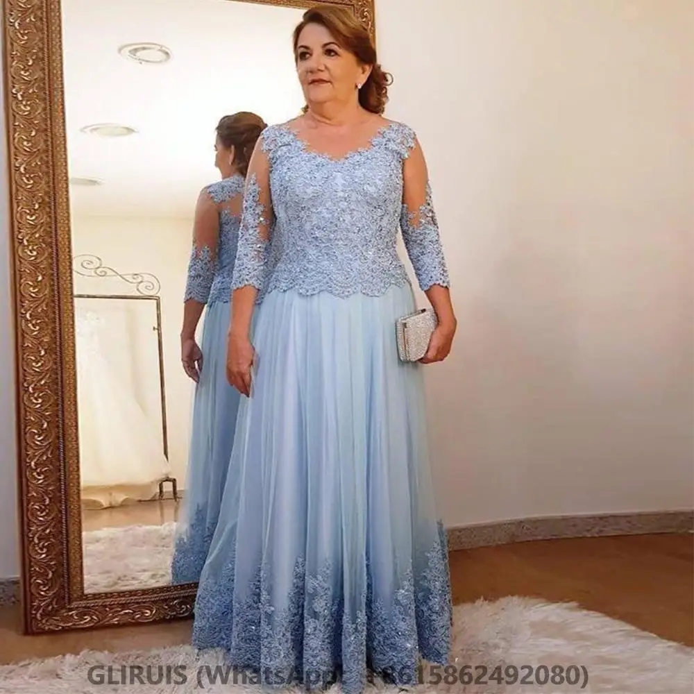 Sky Blue Mother of the Bride Dresses Appliques and Beading with 3/4 Sleeves Floor Length Women's Banquet Gown
Sky Blue Mother of the Bride Dresses Appliques and Beading with 3/4 Sleeves Floor Length Women's Banquet Gown