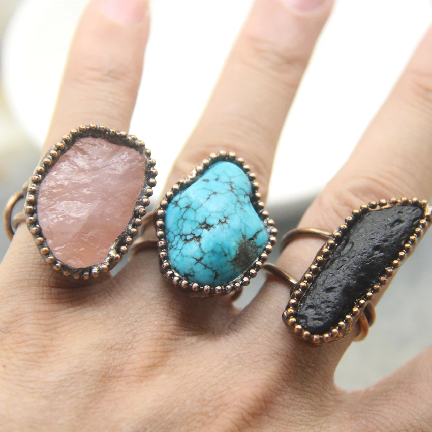 Raw Turquoises Antique Copper Bezel Rings Black Meteorolite Rose Quartzs Band Retro Punk Adjustable Finger Jewelry Fashion Gifts
Raw Turquoises Antique Copper Bezel Rings Black Meteorolite Rose Quartzs Band Retro Punk Adjustable Finger Jewelry Fashion Gifts