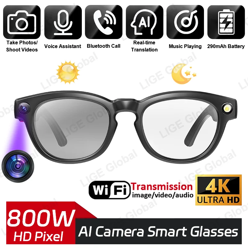 LIGE AI умные очки для камеры 4K HD с длительным аккумулятором, голосовой помощник, управление вызовом музыкой, уличные фотохромные линзы
LIGE AI умные очки для камеры 4K HD с длительным аккумулятором, голосовой помощник, управление вызовом музыкой, уличные фотохромные линзы