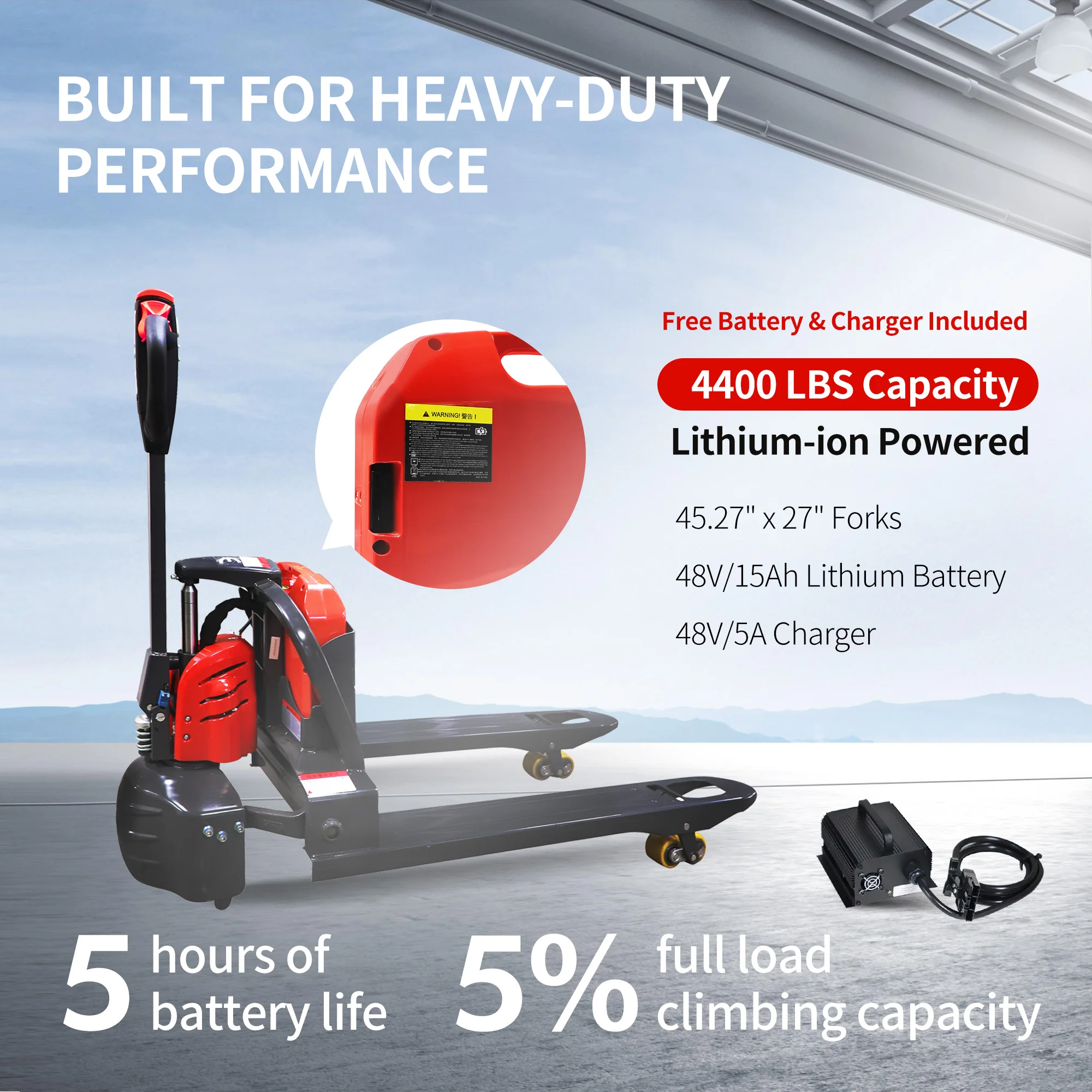 Full Electric Pallet Truck Lithium Power Pallet Jack Truck 4400 lbs Capacity Lithium Battery Mini Type Jack 48''x27'' Fork
Full Electric Pallet Truck Lithium Power Pallet Jack Truck 4400 lbs Capacity Lithium Battery Mini Type Jack 48''x27'' Fork