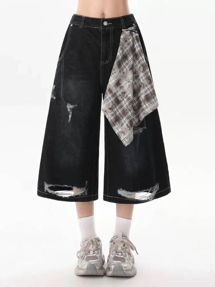 Women's High Street Patchwork Black Denim Shorts Summer Korean Detachable Scarf Distressed American Design Wide Leg Capri Pants
Women's High Street Patchwork Black Denim Shorts Summer Korean Detachable Scarf Distressed American Design Wide Leg Capri Pants