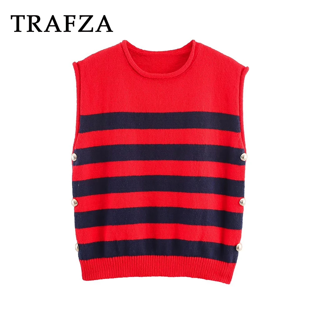 TRAFZA Chic 2025 Fashion Women Y2K Casual Knitted Vest Sleeveless Sweater Pullover Striped Buttons Vest Elegant Female Sweater
TRAFZA Chic 2025 Fashion Women Y2K Casual Knitted Vest Sleeveless Sweater Pullover Striped Buttons Vest Elegant Female Sweater