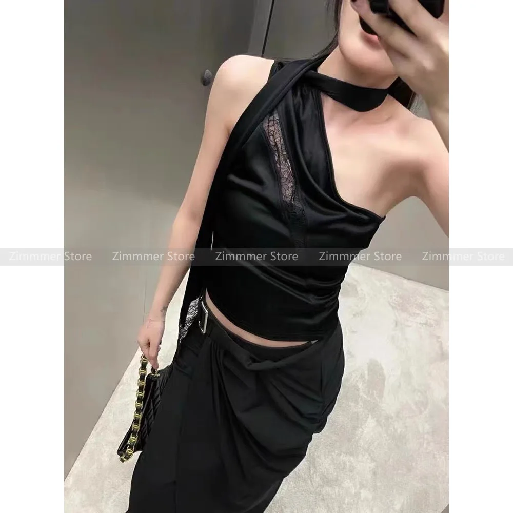 Fashionable and elegant lace splicing straps bib style satin asymmetric strapless slimming pure desire halter tops
Fashionable and elegant lace splicing straps bib style satin asymmetric strapless slimming pure desire halter tops