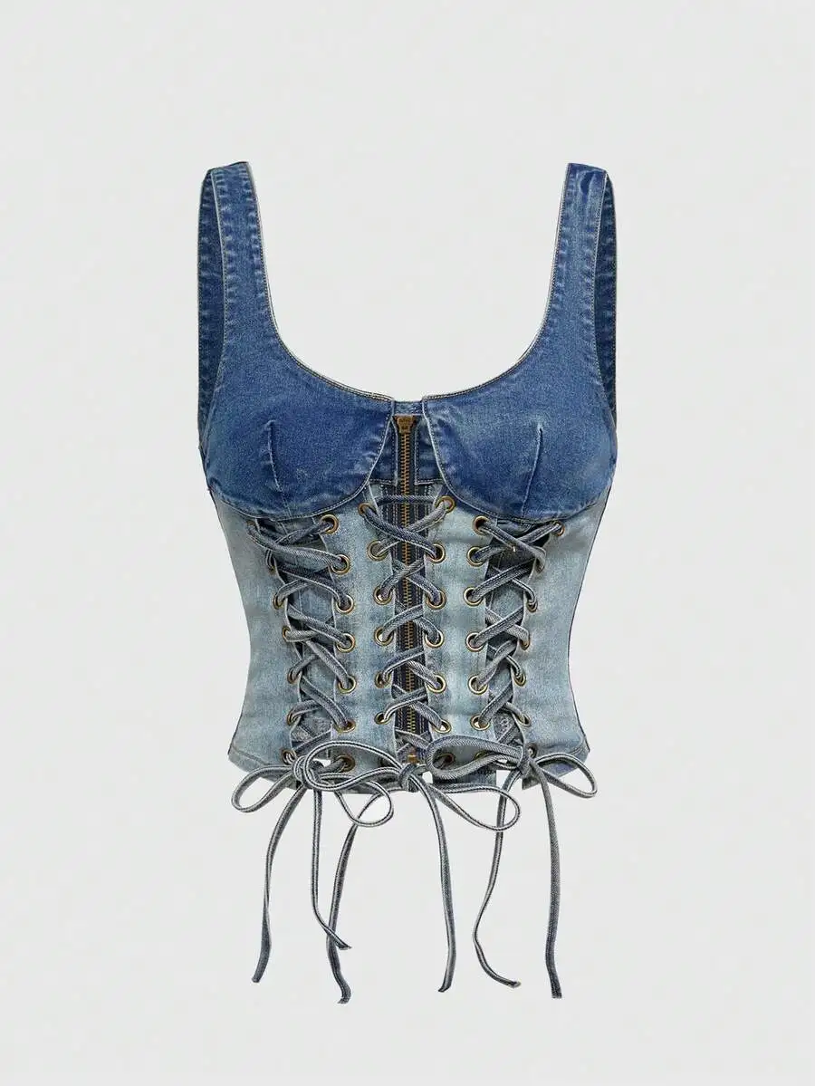 Grunge Punk Y2K Color Block Lace Up Denim Crop Top
Grunge Punk Y2K Color Block Lace Up Denim Crop Top