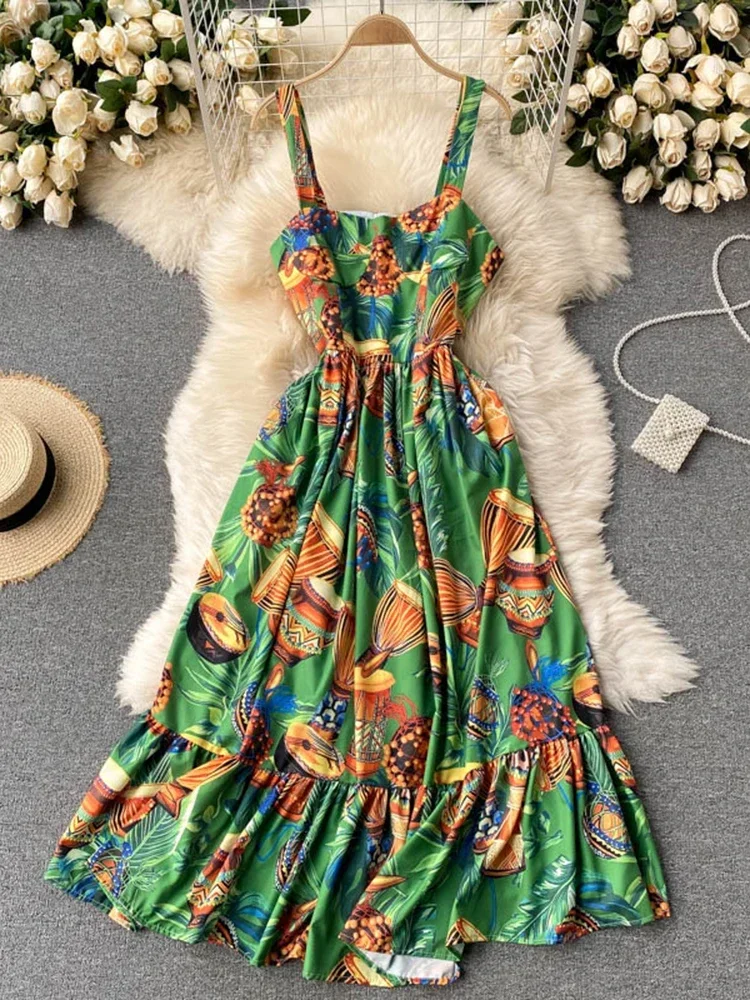 Summer Fashion Printed Sling Dress Women's Holiday Ruffled Square Collar Waist Slimming Beach Midi Dress C455
Summer Fashion Printed Sling Dress Women's Holiday Ruffled Square Collar Waist Slimming Beach Midi Dress C455