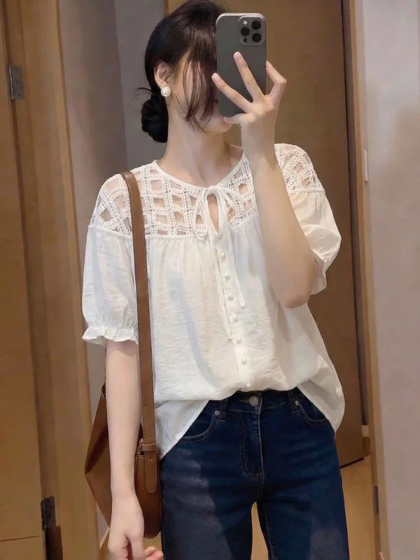 Lace Hollow out Short Sleeve Women's Shirt Spring Summer New Style plus Size Fashionable Youthful Top Korean Style Commute Wind
Lace Hollow out Short Sleeve Women's Shirt Spring Summer New Style plus Size Fashionable Youthful Top Korean Style Commute Wind