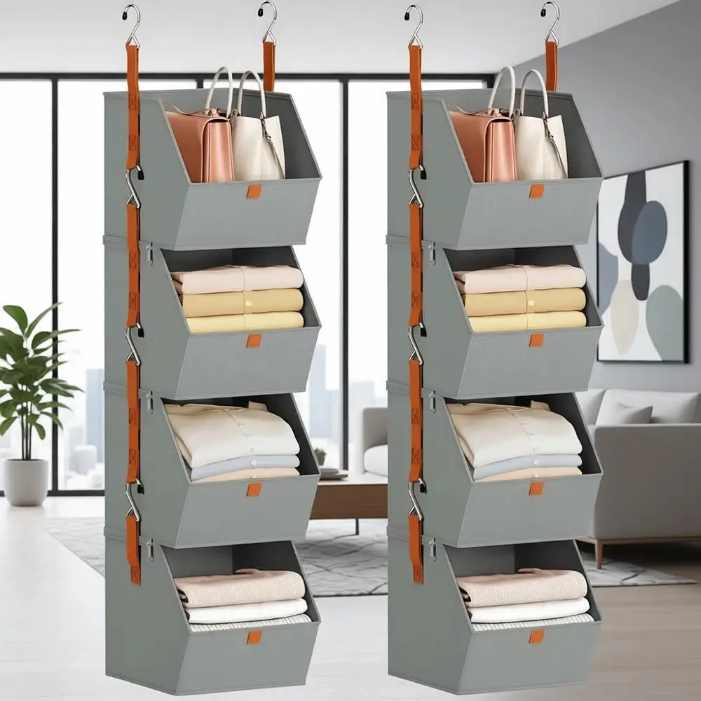4-Tier Hanging Closet Organizer with Fabric Bins for Bedroom, Dorm, and RV Storage - Grey, 8 Pack
4-Tier Hanging Closet Organizer with Fabric Bins for Bedroom, Dorm, and RV Storage - Grey, 8 Pack