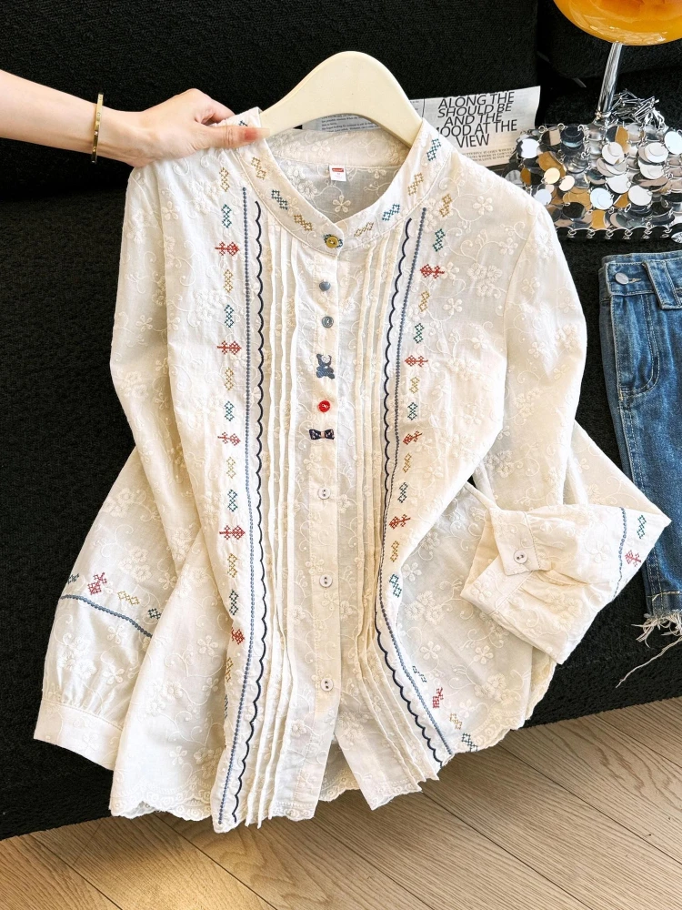 Women Boho French Blouse Vintage ethnic Embroidered Blouse Folk Floral Smocking Long Sleeve Shirt with Pintuck & Scalloped Trim
Women Boho French Blouse Vintage ethnic Embroidered Blouse Folk Floral Smocking Long Sleeve Shirt with Pintuck & Scalloped Trim