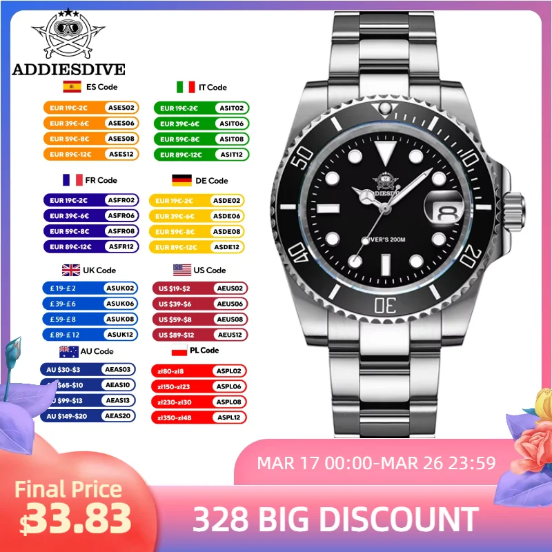 ADDIESDIVE Men’s Quartz Watch Classic 41mm Ceramic Bezel BGW9 luminous Stainless Steel 20Bar Diver Watch Relogios Masculino
ADDIESDIVE Men’s Quartz Watch Classic 41mm Ceramic Bezel BGW9 luminous Stainless Steel 20Bar Diver Watch Relogios Masculino