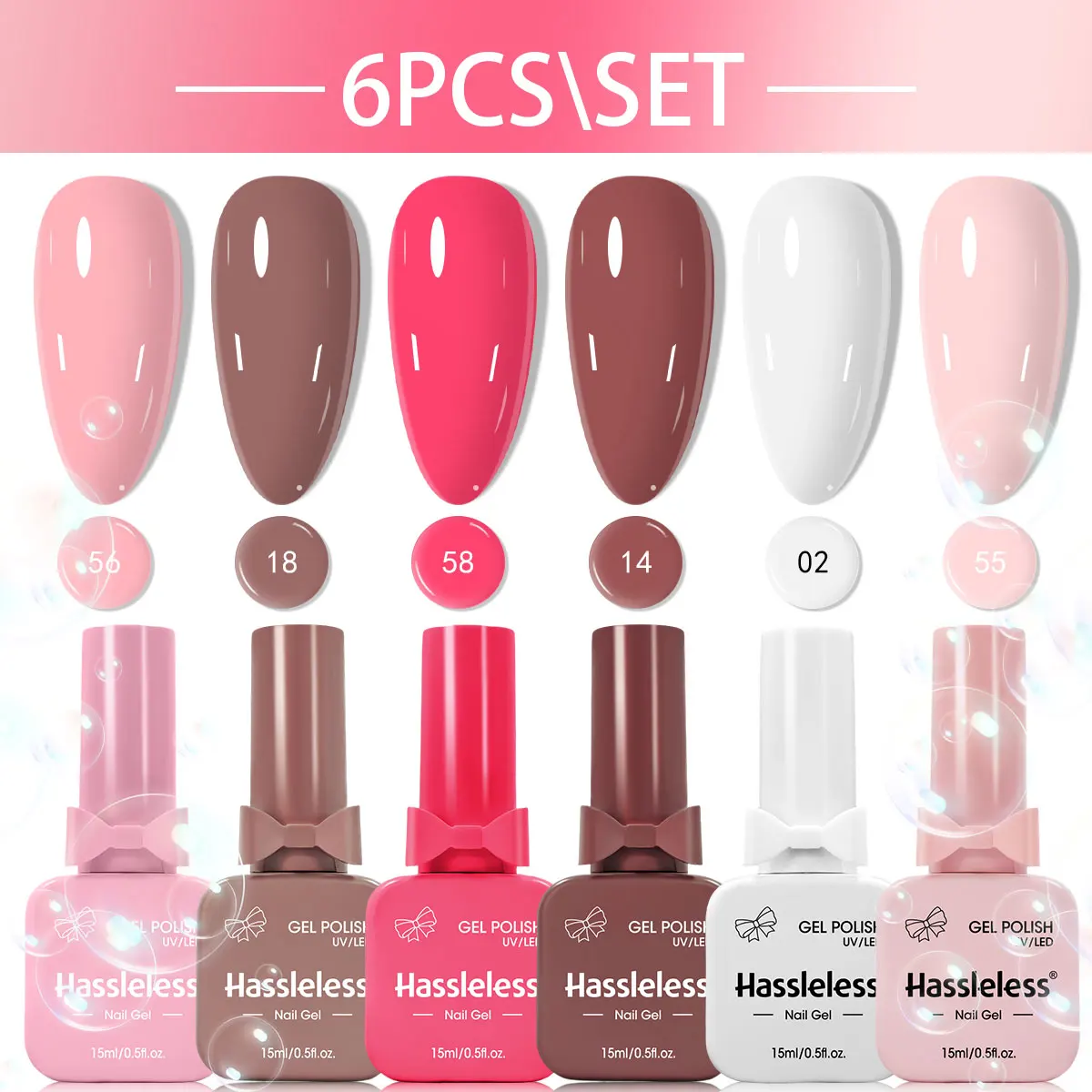 Hassleless 6-Bottle Gel Nail Polish Set - 15ml per bottle. Requires LED lighting for best results. Long-lasting, salon-quality,
Hassleless 6-Bottle Gel Nail Polish Set - 15ml per bottle. Requires LED lighting for best results. Long-lasting, salon-quality,