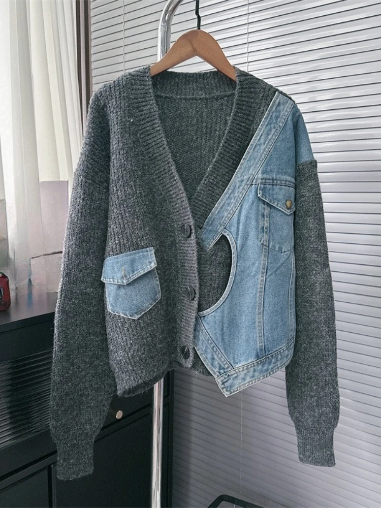 Lazy Style Design Sweaters Irregular Denim Patchwork V Neck Single Breasted Cardigan Streetwear 2025 Knit Tops Women's Clothing
Lazy Style Design Sweaters Irregular Denim Patchwork V Neck Single Breasted Cardigan Streetwear 2025 Knit Tops Women's Clothing