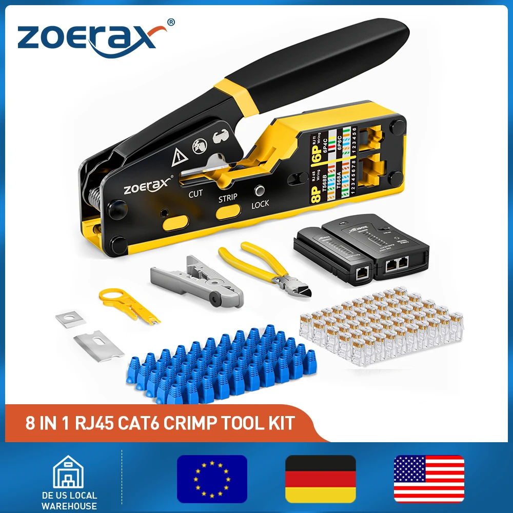ZoeRax 8 в 1 RJ45 Cat6 Cat5e Набор обжимных инструментов RJ45 Обжимной инструмент, тестер кабеля, резак для проводов, лезвия, 50 шт. разъемов и ботинки Cat6
ZoeRax 8 в 1 RJ45 Cat6 Cat5e Набор обжимных инструментов RJ45 Обжимной инструмент, тестер кабеля, резак для проводов, лезвия, 50 шт. разъемов и ботинки Cat6