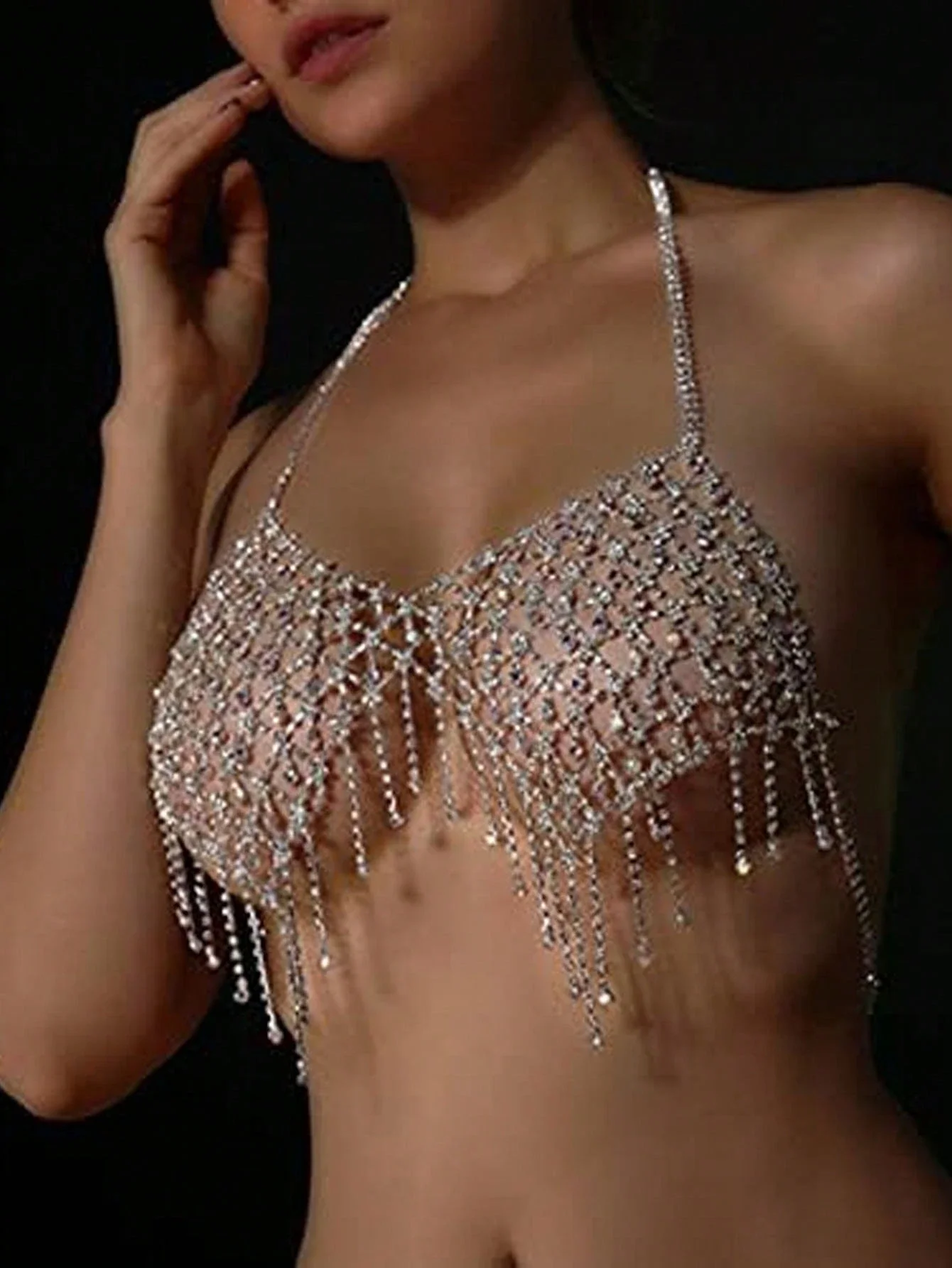 Rhinestone Fringe Halter Bra Set With Body Chain For Club Wear
Rhinestone Fringe Halter Bra Set With Body Chain For Club Wear