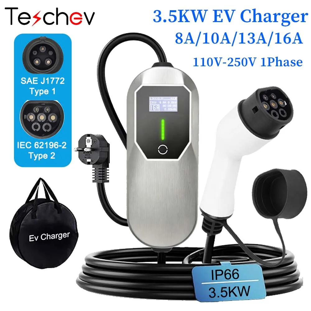 Teschev 3.5KW Portable Car Charger Type2 IEC62196 EV Charger Type1/GBT 16A 1Phase Fast Charging EU Plug for Electric Vehic
Teschev 3.5KW Portable Car Charger Type2 IEC62196 EV Charger Type1/GBT 16A 1Phase Fast Charging EU Plug for Electric Vehic