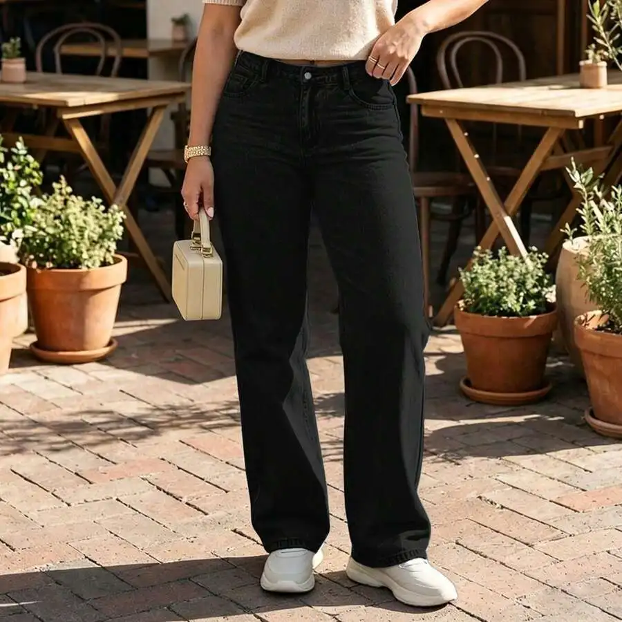 Womens Mid Rise Straight Leg Black Denim Jeans, Casual Loose Fit Trousers
Womens Mid Rise Straight Leg Black Denim Jeans, Casual Loose Fit Trousers