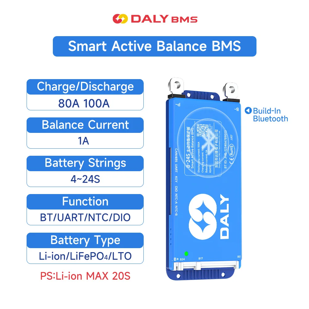 Daly Smart BMS 1A Active Balance BMS 4S 6S 8S 24V 10S 36V 16S 48V 80A 1060A Lifepo4 Li-ion LTO RS485 CANBUS BMS e-Bike Scooter
Daly Smart BMS 1A Active Balance BMS 4S 6S 8S 24V 10S 36V 16S 48V 80A 1060A Lifepo4 Li-ion LTO RS485 CANBUS BMS e-Bike Scooter