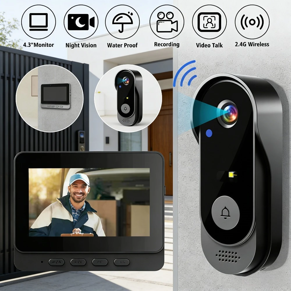 KEPEAK Smart Wireless Video Doorbell Black 4.3" Screen 2.4G WiFi Waterproof Two-Way Talk Night Vision For Home Security System
KEPEAK Smart Wireless Video Doorbell Black 4.3" Screen 2.4G WiFi Waterproof Two-Way Talk Night Vision For Home Security System