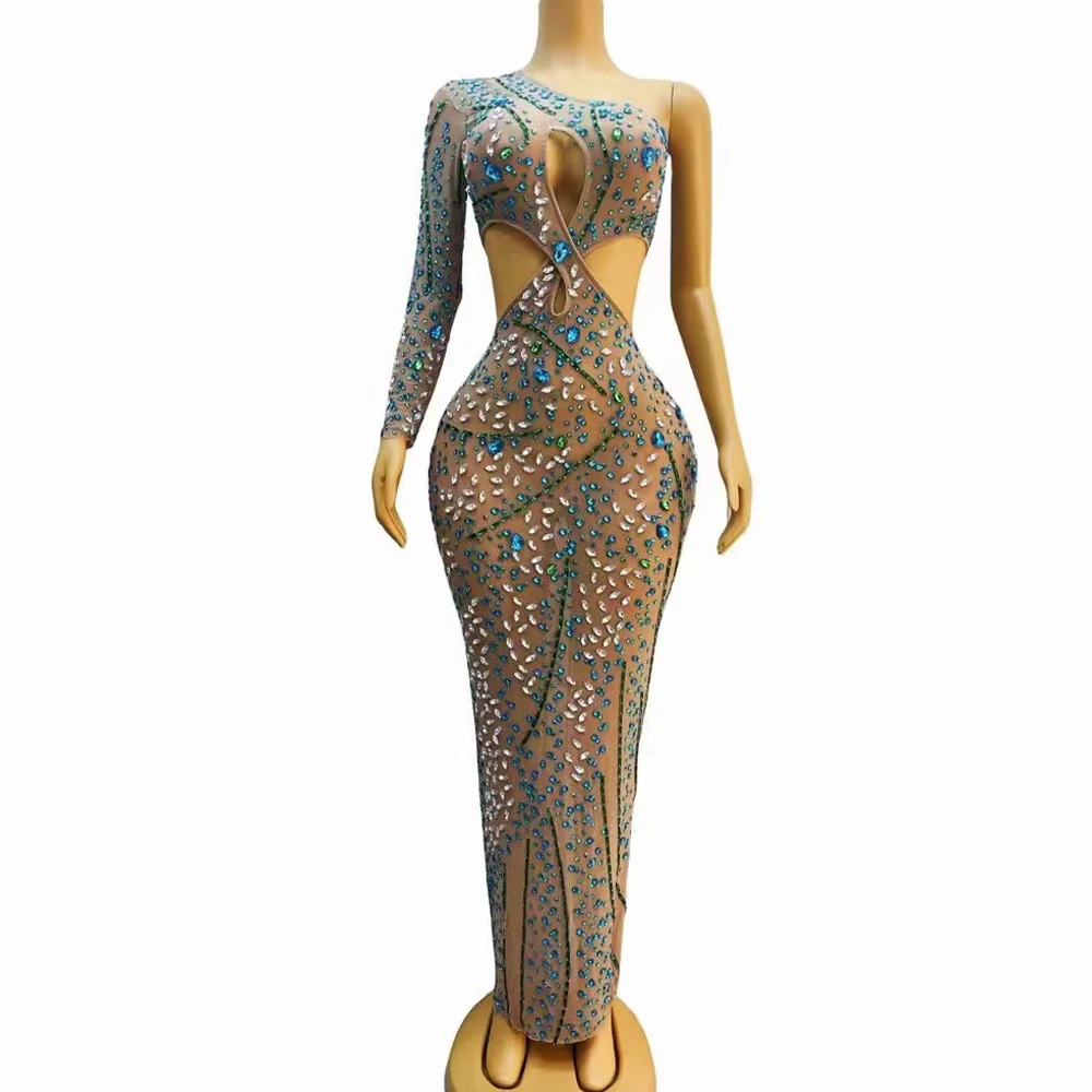 Sexy Stage Blue Green Rhinestones Single Sleeve Hollow Waist Dress Transparent Outfit Nightclub Birthday Party Photo Shoot Gowns
Sexy Stage Blue Green Rhinestones Single Sleeve Hollow Waist Dress Transparent Outfit Nightclub Birthday Party Photo Shoot Gowns