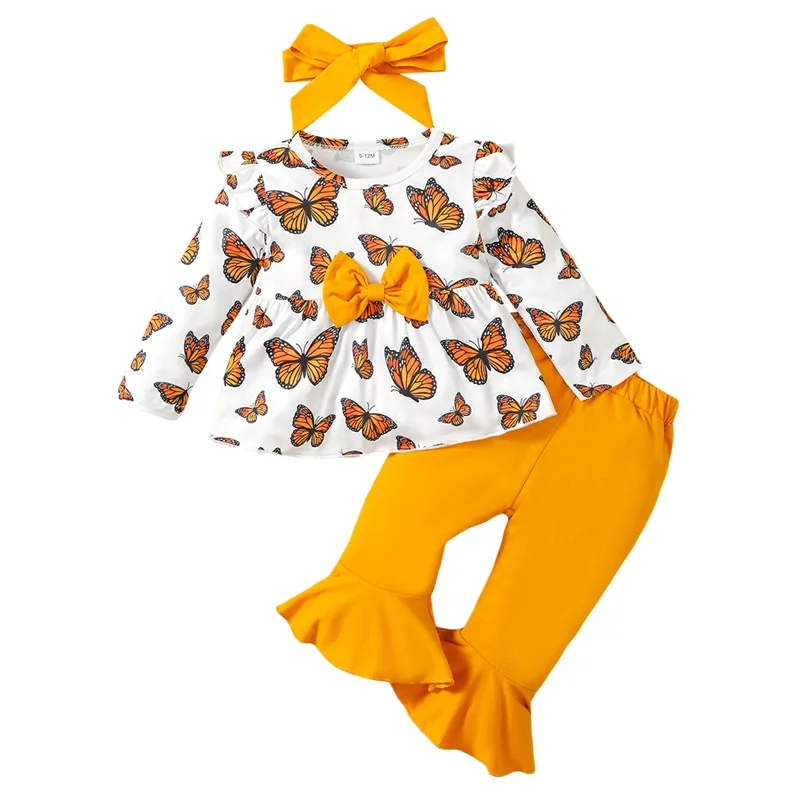 Baby Girls Fall Outfit Long Sleeve Butterfly Print Bow T-shirt with Flare Pants and Headband Clothing Set
Baby Girls Fall Outfit Long Sleeve Butterfly Print Bow T-shirt with Flare Pants and Headband Clothing Set
