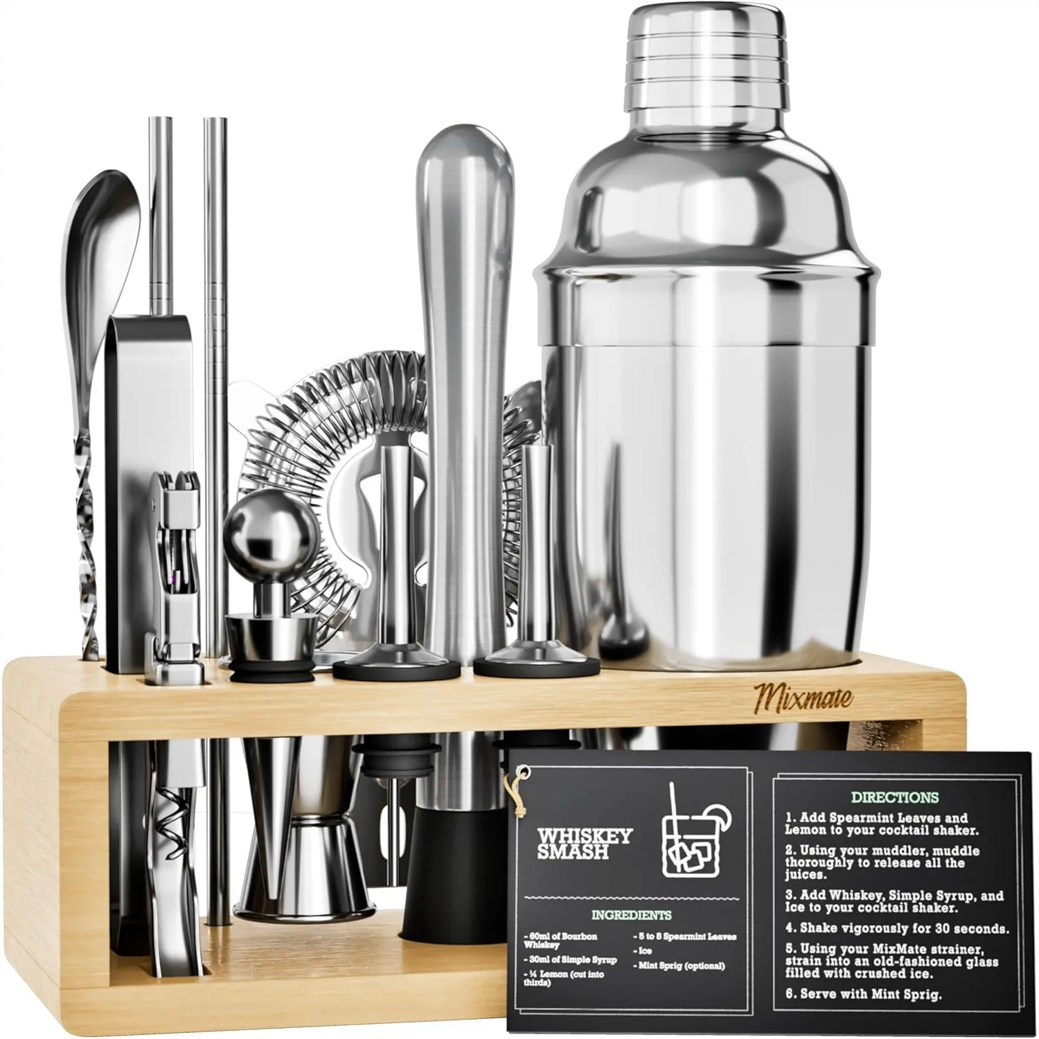 15 Piece Bartender Kit With Stand - Silver Cocktail Shaker Set For Drink Mixing Includes Martini Shaker Jigger Strainer Bar Spoon Tongs And Recipe Book
15 Piece Bartender Kit With Stand - Silver Cocktail Shaker Set For Drink Mixing Includes Martini Shaker Jigger Strainer Bar Spoon Tongs And Recipe Book