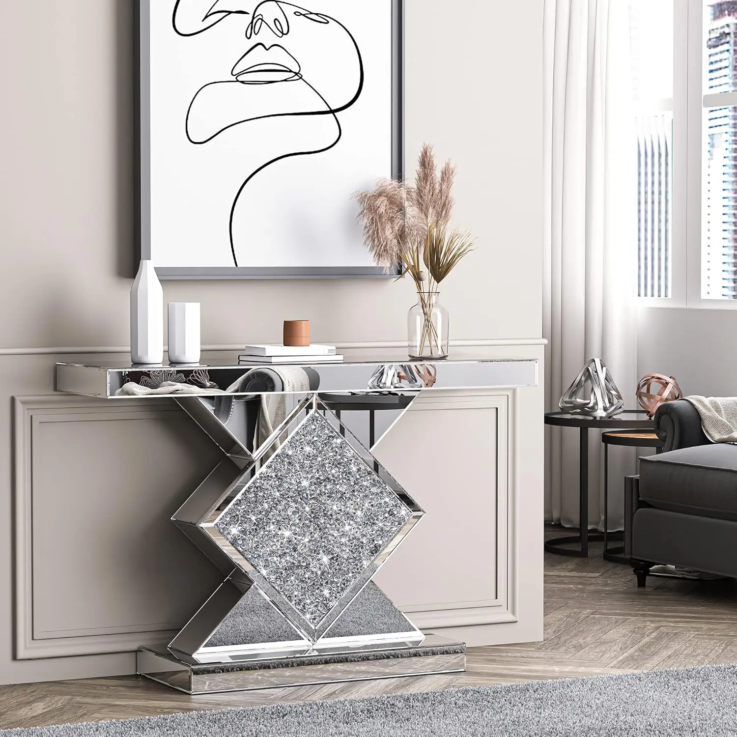 High quality 47.2'' Silver Console Table Mirrored with Diamond Shaped Mirror Finished,Long Accent Narrow Table, Glass Sofa Table
High quality 47.2'' Silver Console Table Mirrored with Diamond Shaped Mirror Finished,Long Accent Narrow Table, Glass Sofa Table
