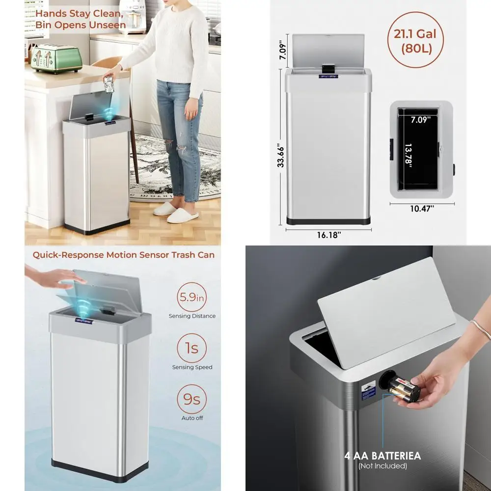 80L Automatic Touchless Trash Can with Stainless Steel, Bag Holder, and Soft Close Lid for Kitchen, Office, RV, and Home Use (Si
80L Automatic Touchless Trash Can with Stainless Steel, Bag Holder, and Soft Close Lid for Kitchen, Office, RV, and Home Use (Si