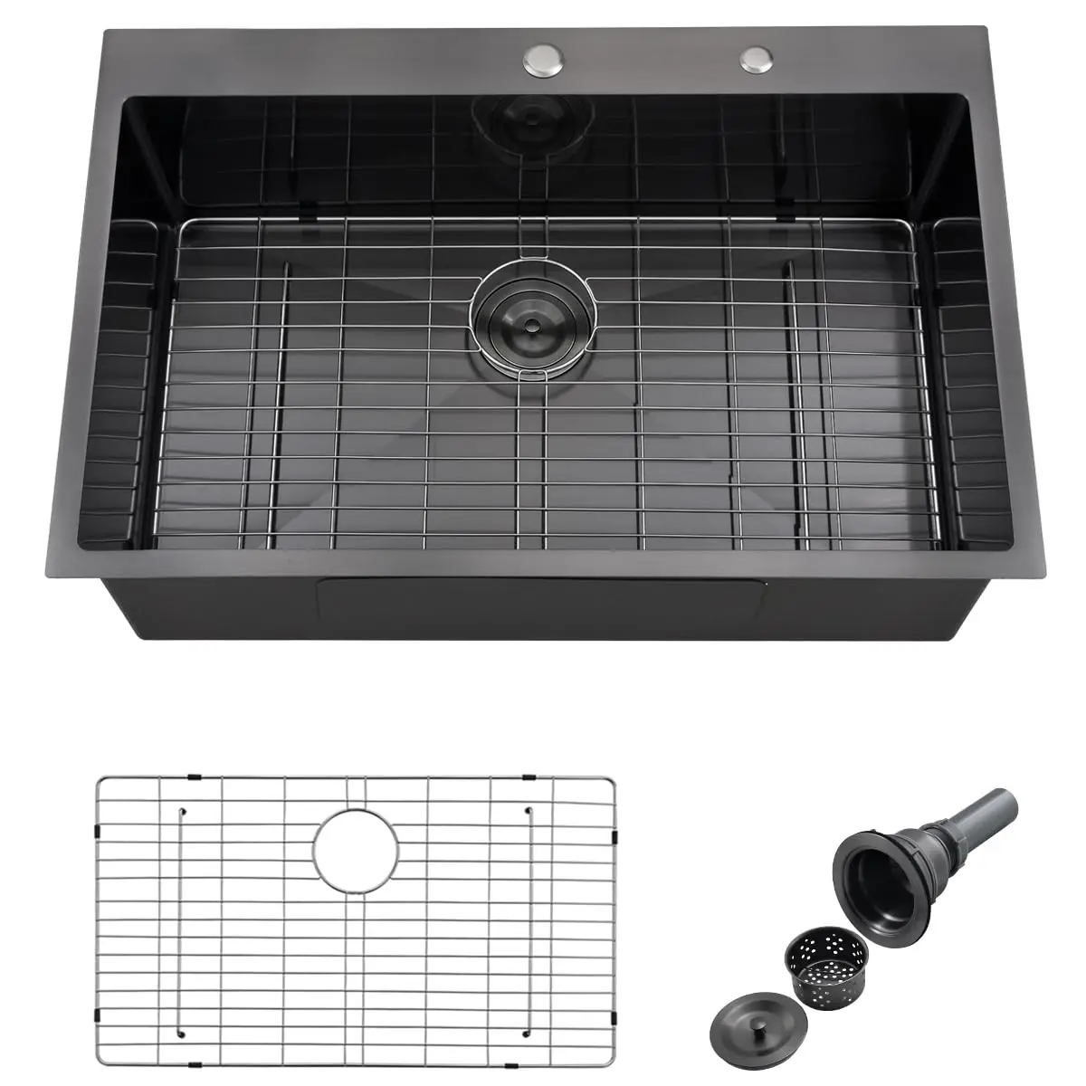 33 Inch Top Mount Black Stainless Steel Kitchen Sink 16 Gauge Single Basin With Grid And Drain Assembly
33 Inch Top Mount Black Stainless Steel Kitchen Sink 16 Gauge Single Basin With Grid And Drain Assembly