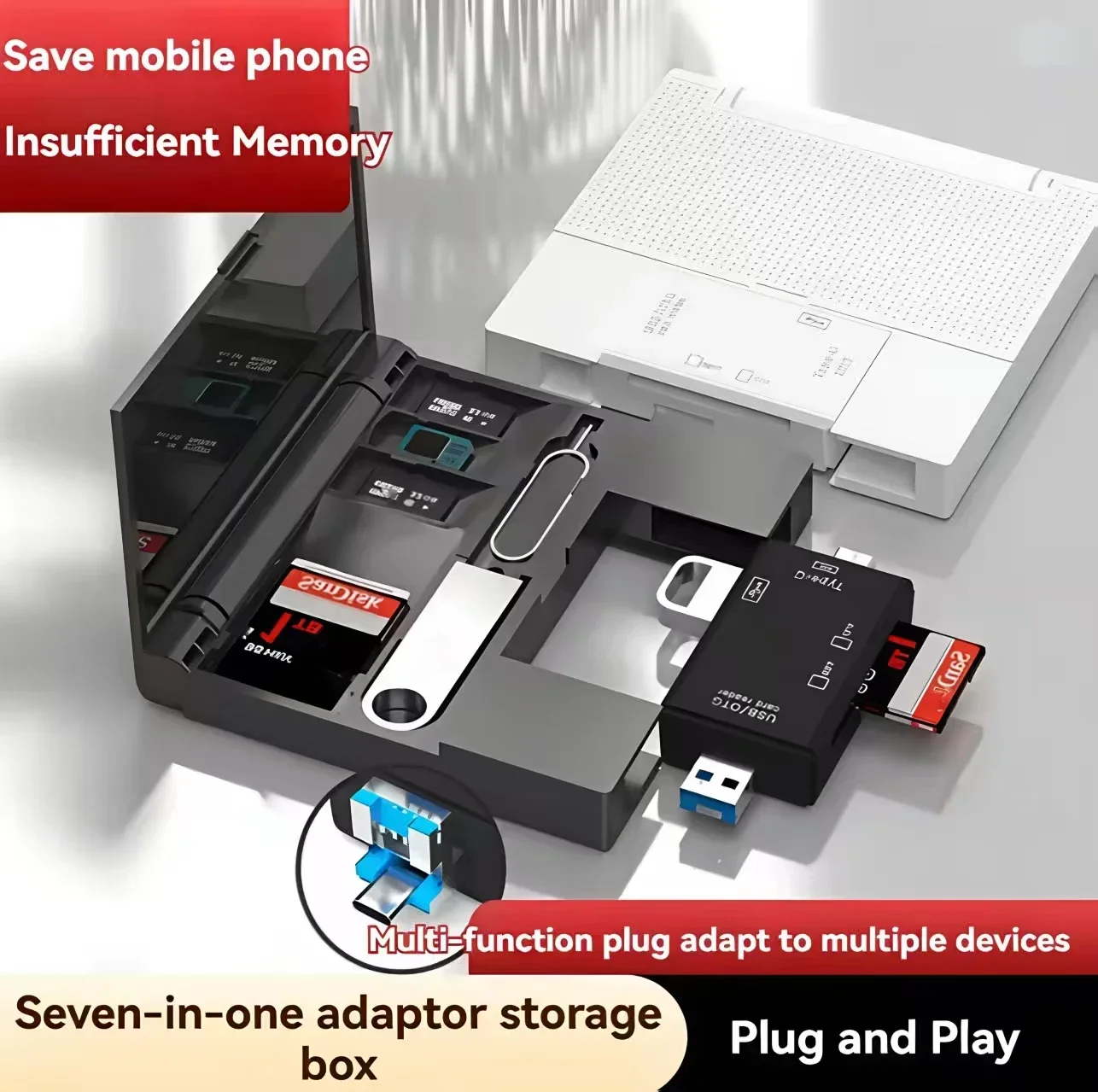 USB 2.0 7-in-1 Multi-functional Card Reader Storage Box TF SD Card Storage Box Micro Type-C Adapter Card Storage Box
USB 2.0 7-in-1 Multi-functional Card Reader Storage Box TF SD Card Storage Box Micro Type-C Adapter Card Storage Box