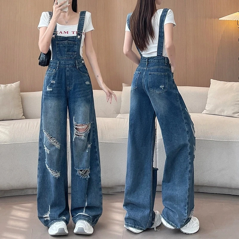 Retro Blue Ripped Strap Jeans Women's Summer High Waist Straight Suspenders Trousers Korean Hole One-piece Denim Wide Leg Pants
Retro Blue Ripped Strap Jeans Women's Summer High Waist Straight Suspenders Trousers Korean Hole One-piece Denim Wide Leg Pants