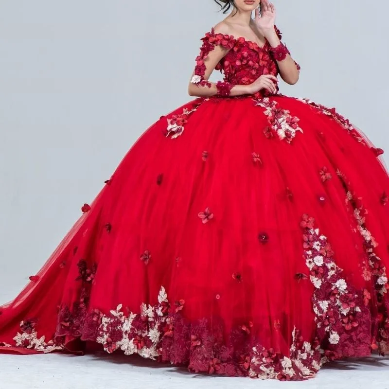 Red Princess Off The Shoulder Quinceanera Dresses Ball Gown 3D Flower Applique Tull Long Sleeved Sweet 16 Dress Vestidos De 15
Red Princess Off The Shoulder Quinceanera Dresses Ball Gown 3D Flower Applique Tull Long Sleeved Sweet 16 Dress Vestidos De 15