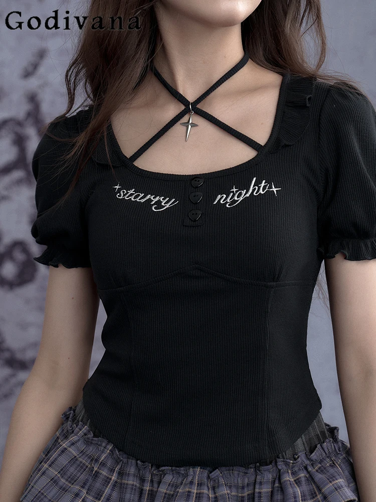 Elegant Girl Dark Halter Sweet Puff Sleeve Versatile Summer New Top Cute Slim Short Sleeve Square Neck Black Embroidered T-Shirt
Elegant Girl Dark Halter Sweet Puff Sleeve Versatile Summer New Top Cute Slim Short Sleeve Square Neck Black Embroidered T-Shirt