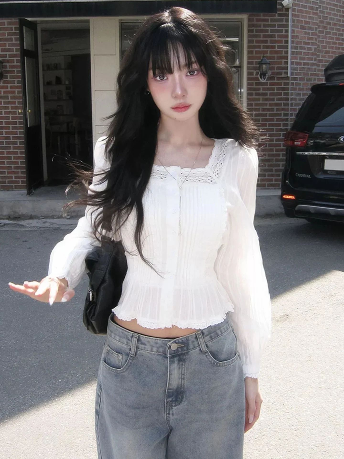 Sweet Soft Lace Splice Long Sleeve Shirt Women's Top Square Collar Waist Cinch Tie Korean Style Fashion Summer Short Length
Sweet Soft Lace Splice Long Sleeve Shirt Women's Top Square Collar Waist Cinch Tie Korean Style Fashion Summer Short Length