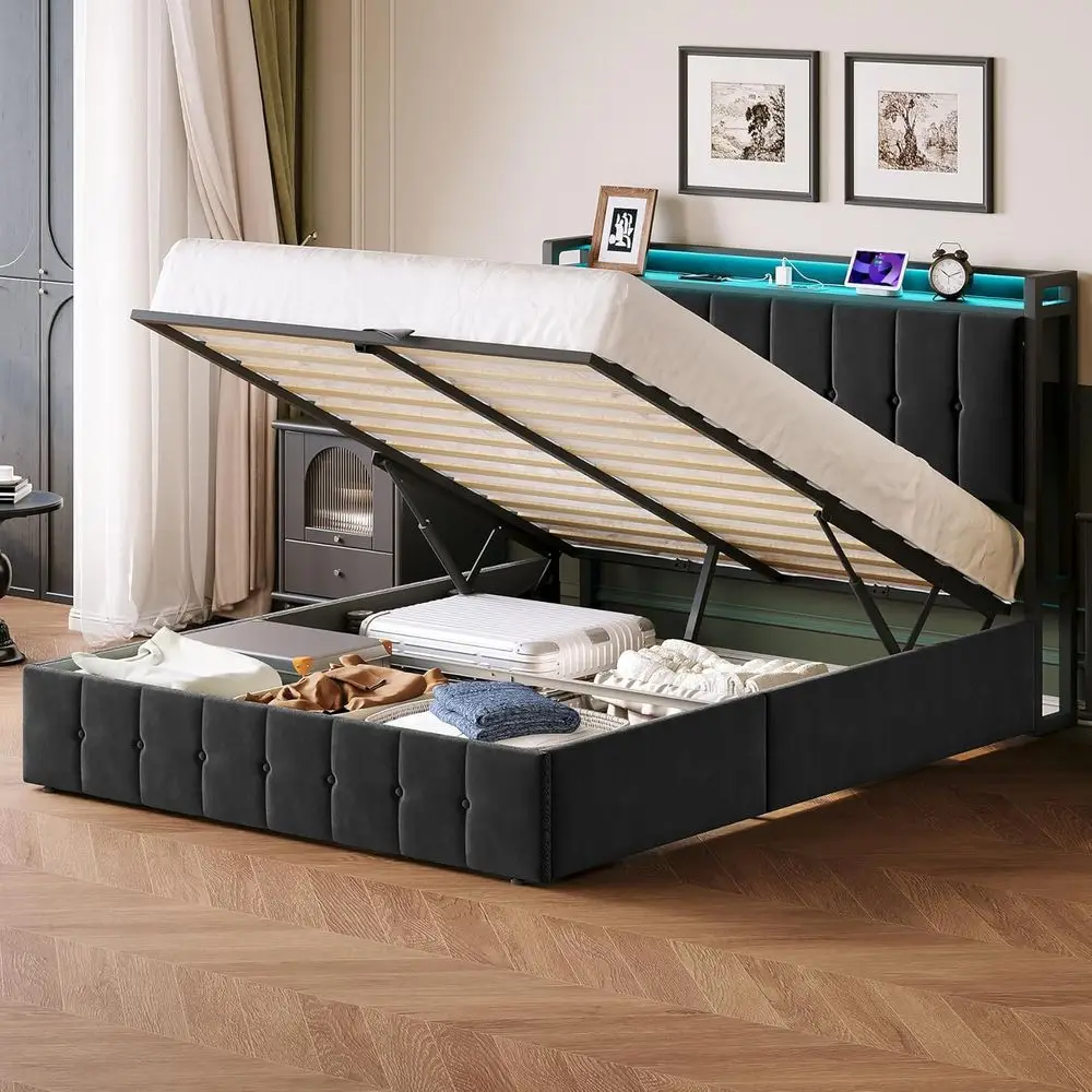 Queen Size LED Upholstered Velvet Storage Bed with Charging Station, Metal Platform, No Box Spring, Black
Queen Size LED Upholstered Velvet Storage Bed with Charging Station, Metal Platform, No Box Spring, Black