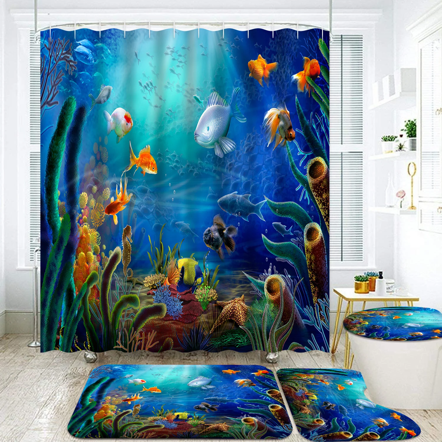 Underwater 4pcs Bathroom Accessory Sets, Blue Ocean Shower Curtain and Rugs for Lively Tropical Fish Bathroom Decor Including Ma
Underwater 4pcs Bathroom Accessory Sets, Blue Ocean Shower Curtain and Rugs for Lively Tropical Fish Bathroom Decor Including Ma
